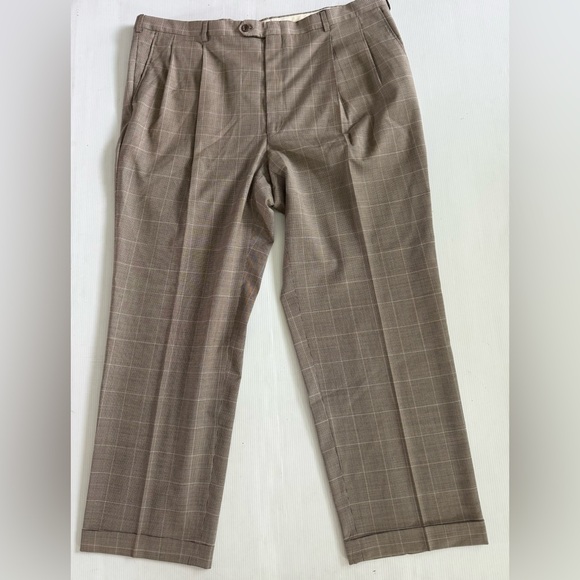 Burberry Dress Pants Slacks Mens 42x30 Gray Wide Leg Cuffed Trousers Wool Plaid - Picture 1 of 11